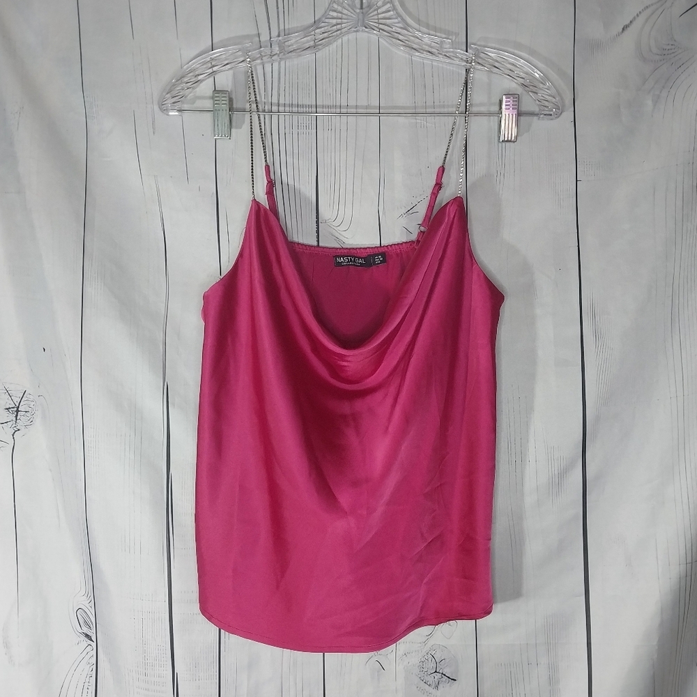 Nasty Gal Fuchsia Satin Cowl Neck Indie Sleeze Camisole With Rhinestone Straps